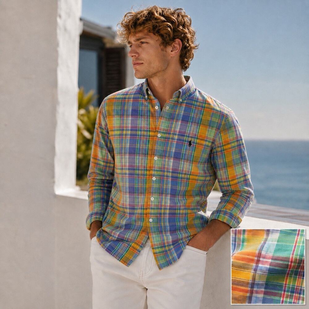 Polo Ralph Lauren L Madras Plaid Shirt Coastal Preppy Cotton Stretch Button Down